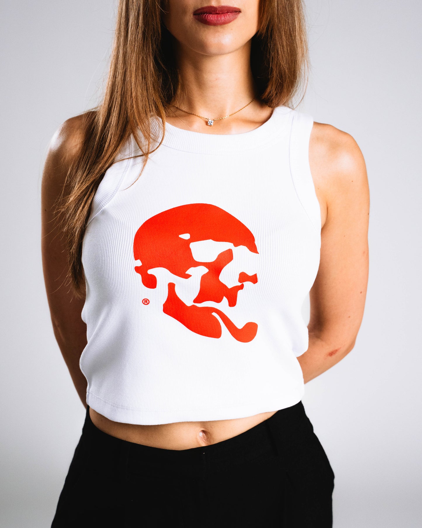 Skelly Basic, A Woman's White Tank (Red Logo)