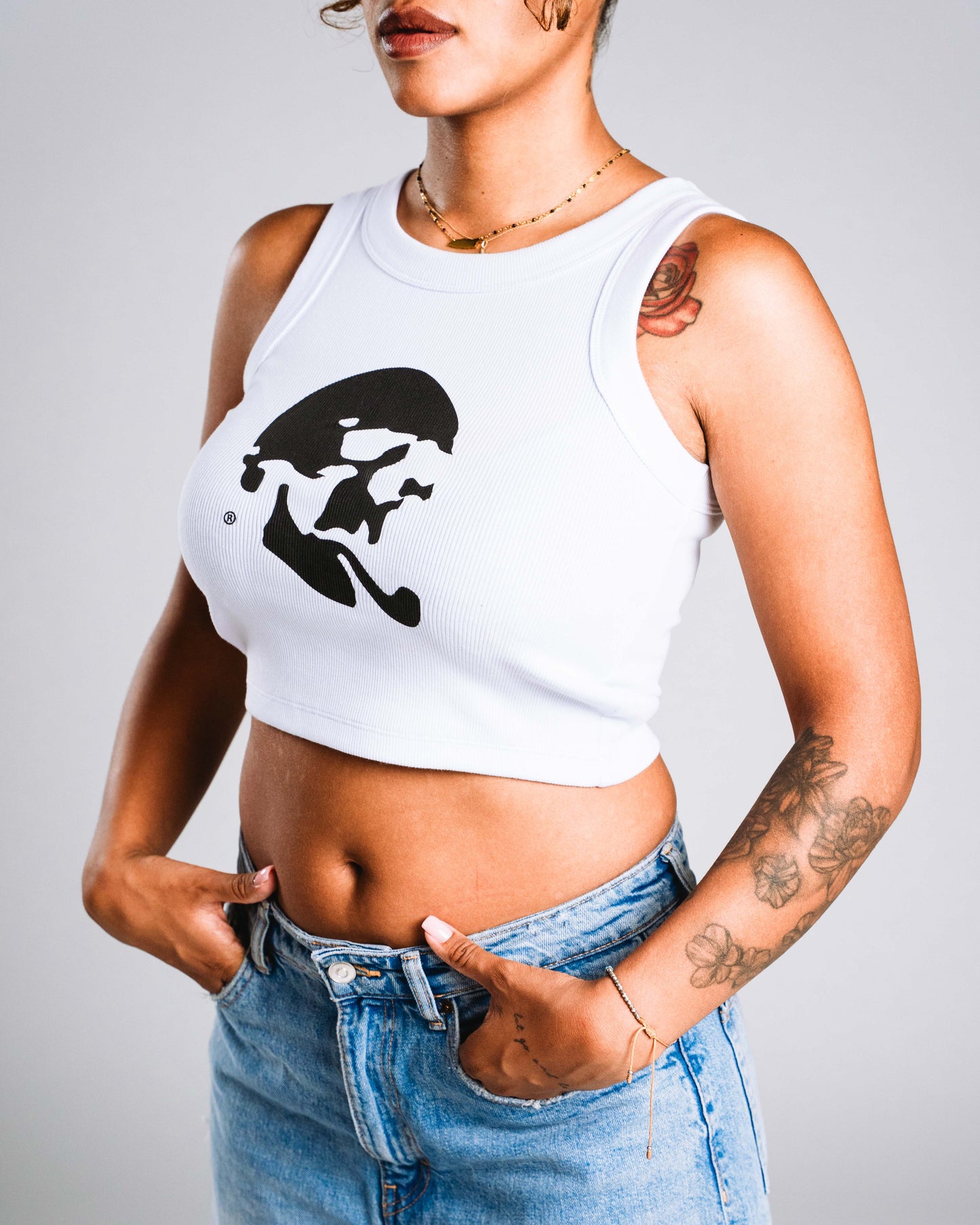 Skelly Basic, A Woman's White Tank (Black Logo)