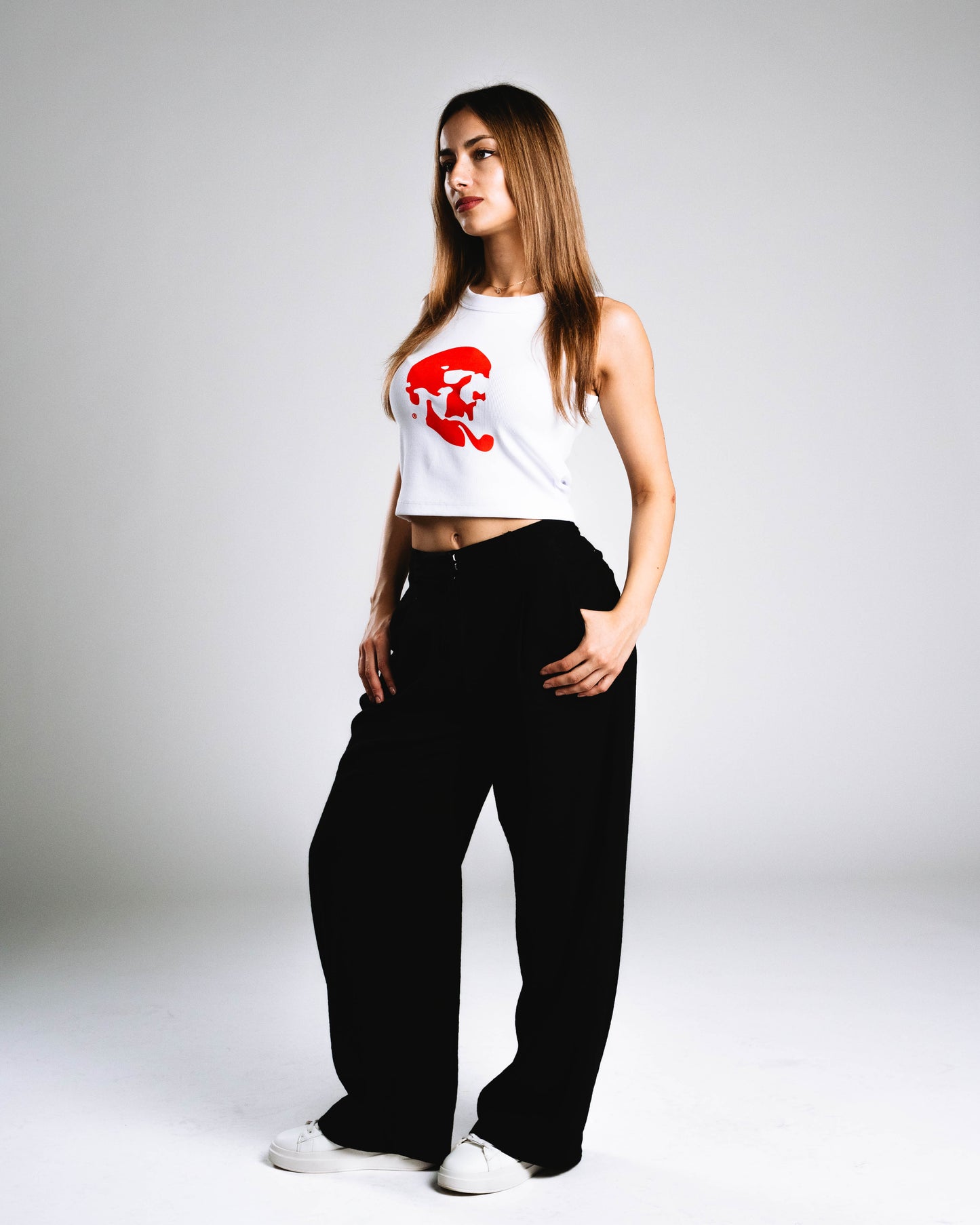 Skelly Basic, A Woman's White Tank (Red Logo)