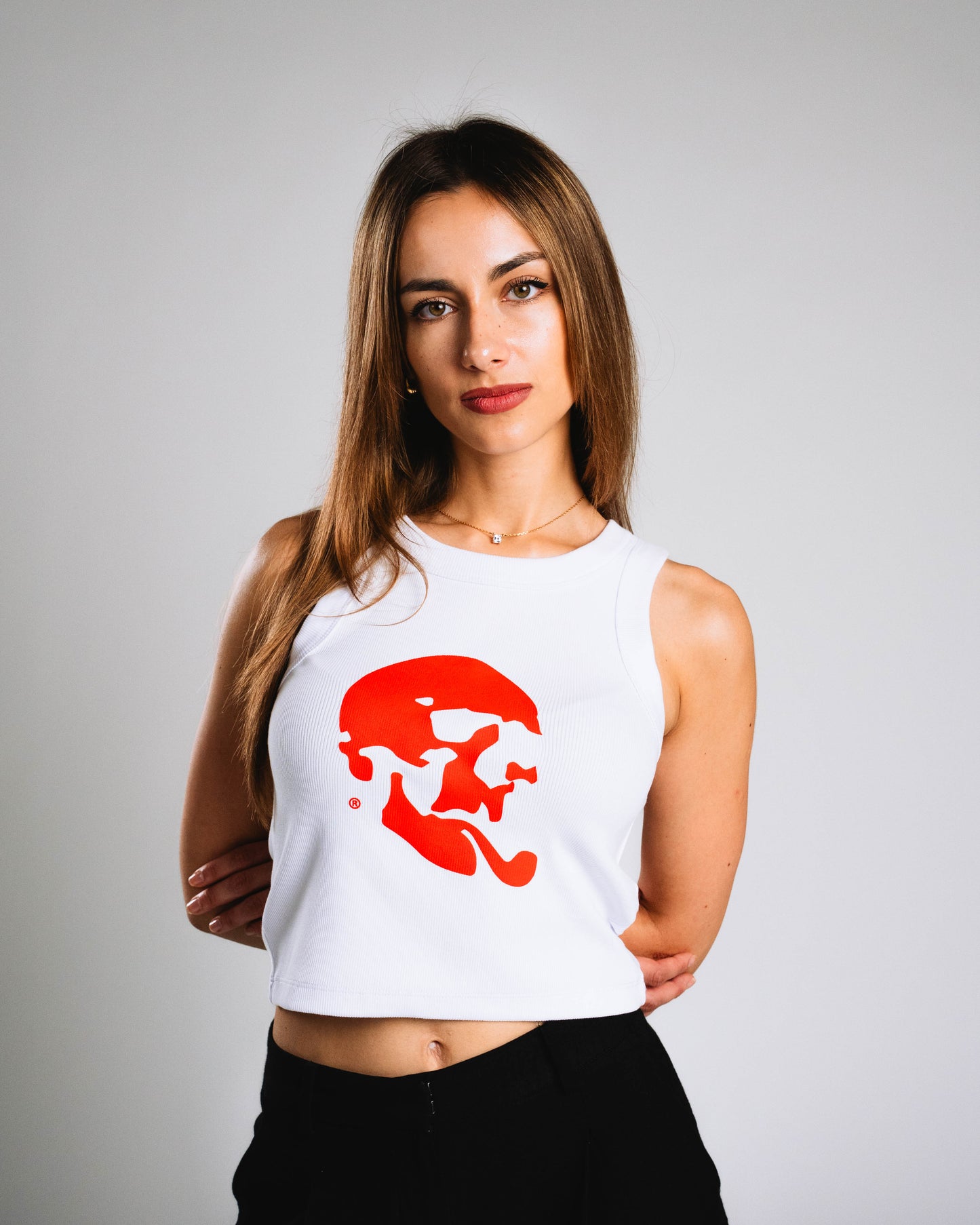Skelly Basic, A Woman's White Tank (Red Logo)